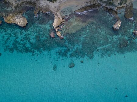 Aerial view of the Riaci promontory. Riaci beach near Tropea, Calabria. Italy. Transparent sea and wild. Cliff pathsの写真素材