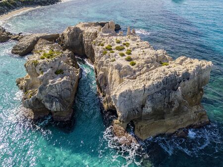 Aerial view of the Riaci rocks, Riaci beach near Tropea, Calabria. Italy. Transparent sea and wild coast.の写真素材