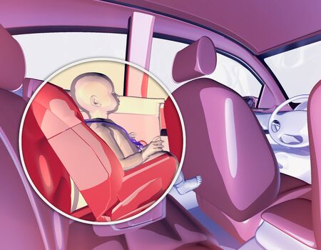Child seat with sensor, anti-abandon device. Seat approved for cars and seated children. 3d renderの写真素材