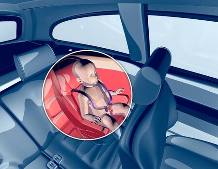 Child seat with sensor, anti-abandon device. Seat approved for cars and seated children. 3d renderの写真素材