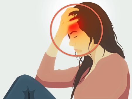 Girl seen in profile with her hand in her hair, cervical, headache, nausea, not feeling well. Feel bad. Head that hurtsの写真素材