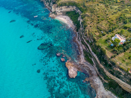 Aerial view of the Riaci promontory. Riaci beach near Tropea, Calabria. Italy. Transparent sea and wild. Cliff pathsのeditorial素材