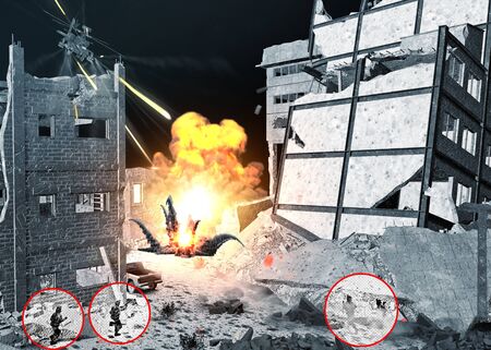 War scene, bombed buildings and special forces troops in action, explosions. Hostile environment, middle east. Rescue operation. Armies militias attacked. Combat field. 3d render.の写真素材