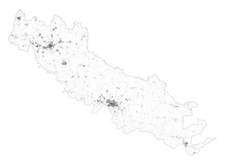 Satellite map of province of Cremona, towns and roads, buildings and connecting roads of surrounding areas. Lombardy, Italy. Map roads, ring roadsのイラスト素材