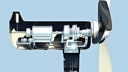 Wind turbine, how it works, section, side view. Climate change and clean energy. 3d renderの写真素材