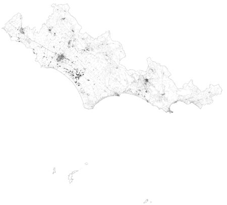 Satellite map of Province of Latina towns and roads, buildings and connecting roads of surrounding areas. Lazio region, Italy. Map roads, ring roadsのイラスト素材