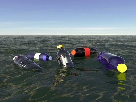 Polluted sea, garbage and plastic bottles floating in the sea. Floating islands. Plastic pollution, plastic waste. 3d renderの写真素材