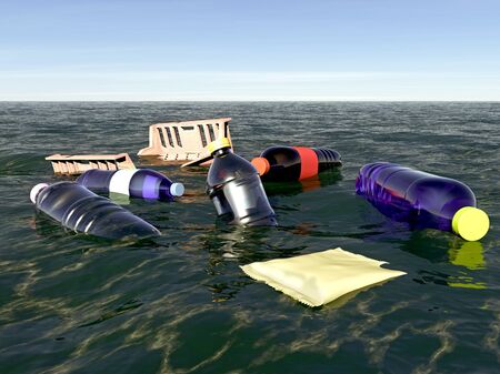 Polluted sea, garbage and plastic bottles floating in the sea. Floating islands. Plastic pollution, plastic waste. 3d renderの写真素材