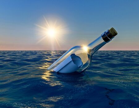 Message in the bottle, bottle floating in the ocean at sunset, 3d renderの写真素材