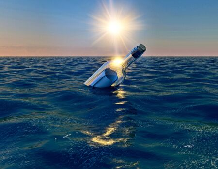 Message in the bottle, bottle floating in the ocean at sunset, 3d renderの写真素材