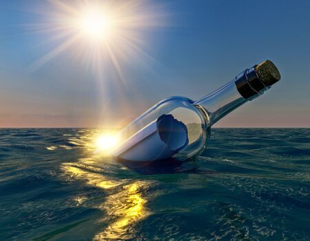 Message in the bottle, bottle floating in the ocean at sunset, 3d renderの写真素材