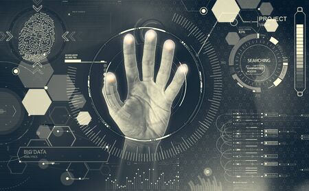 Example of HUD interface. Interaction with icons, hand on touch screen that selects graphic elements. Modern display of commands and controls via touch screens. Big data and future projectsの写真素材