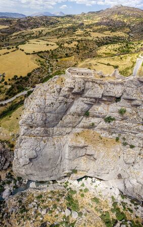 Aerial view of Kahta Castle, Kalesi. The Yeni Kale Fortress in Eski Kahta is perched atop a hill with a steep slope. Walls of the manor surround the entire hill. Very close to Mount Nemrut. Anatolia. turkeyの写真素材