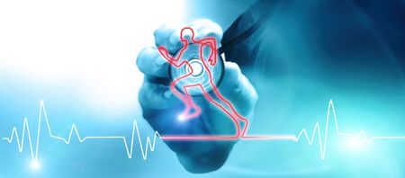 Doctor with stethoscope listening to the heart beat. Heart beat in the shape of a running athlete. Medical examination of fitness for physical and motor activity. 3d renderの写真素材