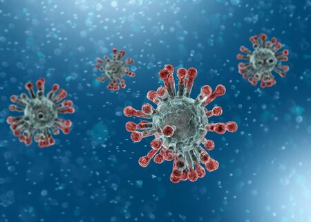 Microscopic view of Coronavirus, a pathogen that attacks the respiratory tract. Analysis and test, experimentation. Sars. 3d renderの写真素材