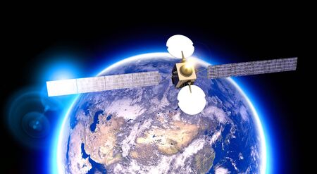 Satellite in orbit, telecommunications, satellite view of the earth. Asia Russia, China and the Middle East. Physical planisphere. 3d renderの写真素材