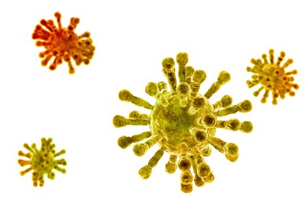 Microscopic view of Coronavirus, a pathogen that attacks the respiratory tract. Analysis and test, experimentation. Sars. 3d renderの写真素材