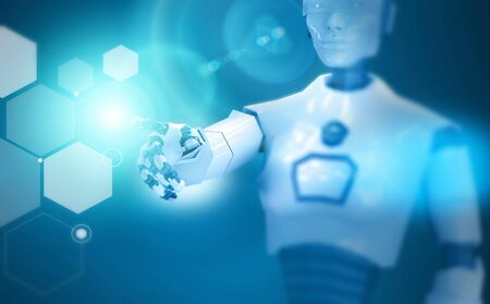 Artificial intelligence, robot. Cyborg on a touch screen, HUD. Science fiction. Sci-fi. Programming. Hologram. Privacy violation, hacked identity. 3d renderの写真素材