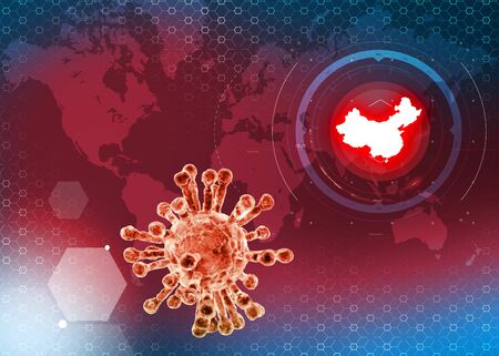 Microscopic view of Coronavirus, a pathogen that attacks the respiratory tract. Analysis and test, experimentation. Sars. Contagion, propagation. Flu. Infectious disease. World map with China highlighted. 3d renderの写真素材