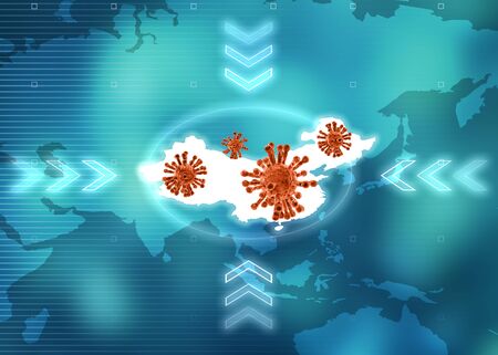 Microscopic view of Coronavirus, a pathogen that attacks the respiratory tract. Analysis and test, experimentation. Sars. Contagion, 3d render. Infectious disease. World map with China highlightの写真素材