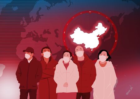 Coronavirus, a pathogen that attacks the respiratory tract. World map with China highlight. People with masks, contagion dangerの写真素材