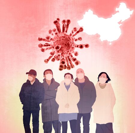 Coronavirus, a pathogen that attacks the respiratory tract. World map with China highlight. People with masks, contagion dangerの写真素材