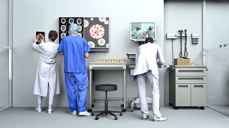 Microscopic view of Coronavirus and doctor, virus study and vaccine research. A pathogen that attacks the respiratory tract. Contagion. Analysis and test, experimentation. 2019-nCoV. 3d renderの写真素材