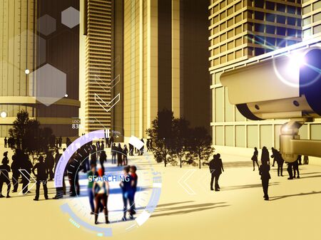Surveillance cameras, city control. Breach of privacy. Global security. First aid. Territory control, law enforcement. Search for suspects. 3d render.の写真素材