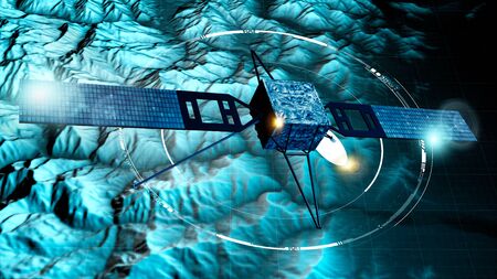 Spy satellite, satellite view of a terrain, military target. Hud. Physical planisphere. 3d render. Night visionの写真素材