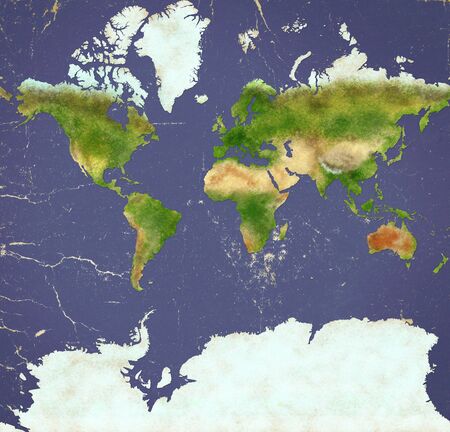 Planisphere of the world ultra defined with Antarctica, paper effect and peeling plaster. Physical map of the world. Hand drawnの写真素材