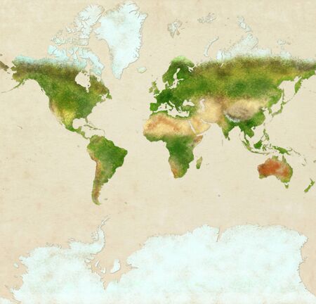 Planisphere of the world ultra defined with Antarctica, paper effect and peeling plaster. Physical map of the world. Hand drawnの写真素材