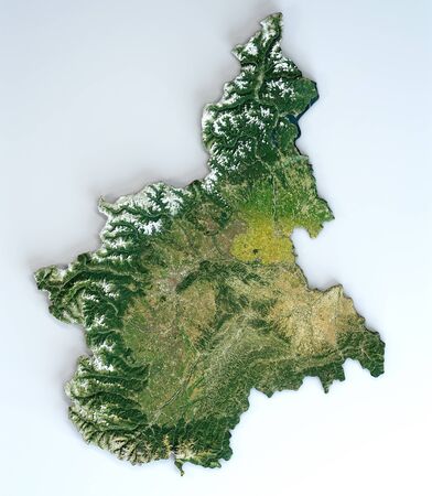 Satellite view of the Piedmont region. Italy. 3d render. Physical map of Piedmont, plains, mountains, lakes, mountain range of the Alpsの写真素材