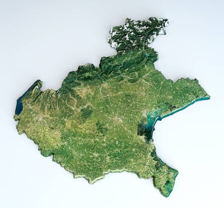 Satellite view of the Veneto region. Italy. 3d render. Physical map of Veneto, plains, mountains, lakes, mountain range of the Alpsの写真素材