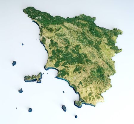 Satellite view of the Tuscany region. Italy. 3d render. Physical map of Tuscany, plains, mountains, lakes, mountain range of the Apenninesの写真素材