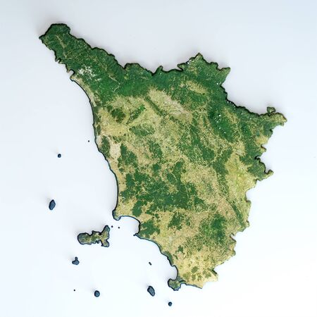 Satellite view of the Tuscany region. Italy. 3d render. Physical map of Tuscany, plains, mountains, lakes, mountain range of the Apenninesの写真素材