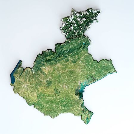 Satellite view of the Veneto region. Italy. 3d render. Physical map of Veneto, plains, mountains, lakes, mountain range of the Alpsの写真素材