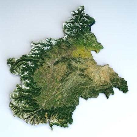 Satellite view of the Piedmont region. Italy. 3d render. Physical map of Piedmont, plains, mountains, lakes, mountain range of the Alpsの写真素材