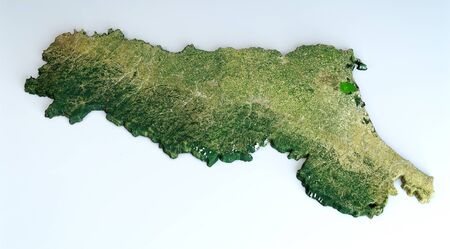 Satellite view of the Emilia-Romagna region. Italy. 3d render. Physical map of Emilia-Romagna, plains, mountains, lakes, mountain range of the Apenninesの写真素材