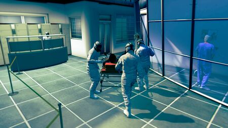 Hospital scene, hospitalization for emergency contagion risk. Coronavirus. Doctors in protective suits and masks to cover the face. Infectious epidemic risk. 3d render. Hospital. Covid-19の写真素材