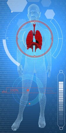 Biometric controls, Covid-19, technology analysis and verification of infectious symptoms, respiratory problems, coronavirus, 3d render. Hud display. Human anatomy 3d man and lungs, respiratory system in evidenceの写真素材