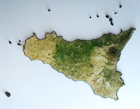 Satellite view of the Sicily region. Italy. 3d render. Physical map of Sicily, plains, mountains, lakes, mountain rangeの写真素材