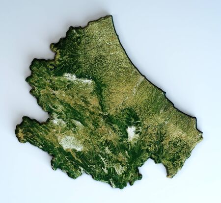 Satellite view of the Abruzzo region. Italy. 3d render. Physical map of Abruzzo, plains, mountains, lakes, mountain range of the Apenninesの写真素材