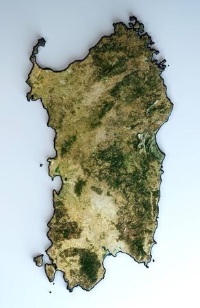 Satellite view of the Sardinia region. Italy. 3d render. Physical map of Sardinia, plains, mountains, lakes, mountain rangeの写真素材