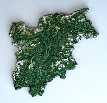 Satellite view of the Trentino-Alto Adige region. Italy. 3d render. Physical map of Trentino-Alto Adige, plains, mountains, lakes, mountain range of the Alpsの写真素材