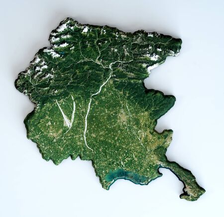 Satellite view of the Friuli-Venezia Giulia region. Italy. 3d render. Physical map of Friuli-Venezia Giulia, plains, mountains, lakes, mountain range of the Alpsの写真素材