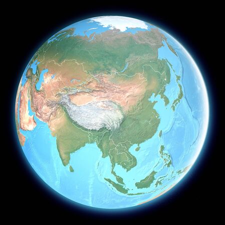 Globe map of Asia, satellite view, geographical map, physics. Cartography, relief atlas. 3d render.の写真素材