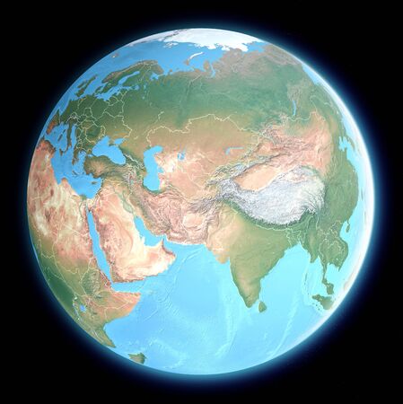 Globe map of Middle east and Asia, satellite view, geographical map, physics. Cartography, relief atlas. 3d render.の写真素材
