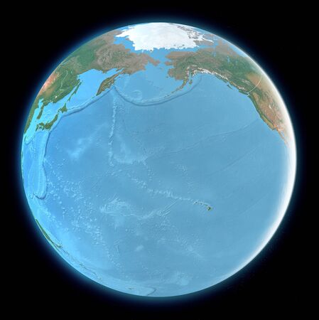Globe map of Pacific ocean, Asia and America. Hawaii. Cartography, geographical atlas. 3d render.の写真素材
