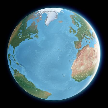 Globe map of Atlantic ocean, Mediterranean Sea, America, Africa and Europe. Cartography, geographical atlas. 3d render.の写真素材