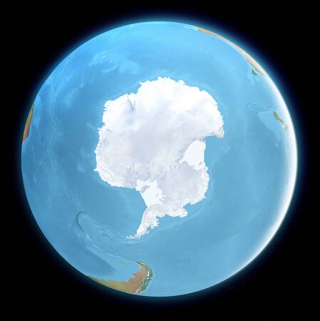 South Pole map. Antarctica, ice, melting, climate change. Climate emergency. Scientific expedition. Satellite view of the globe. 3d render.の写真素材